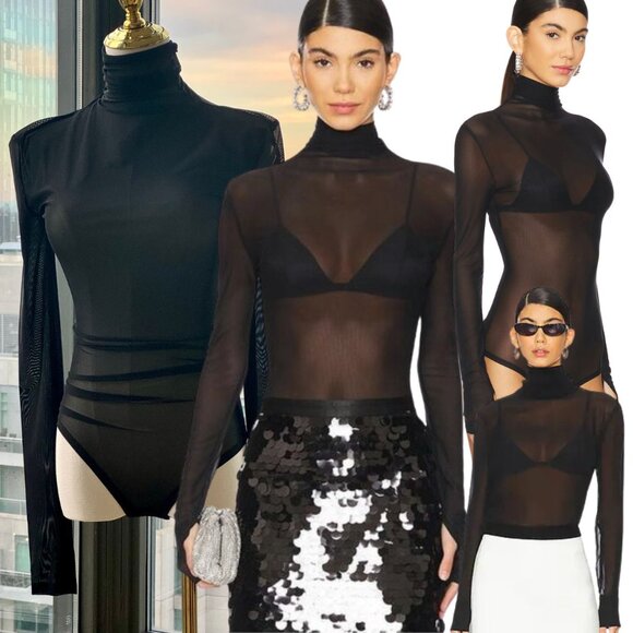 🆕 BRONX & BANCO 🧿 NWOT Gaia Mesh Long Sleeve Bodysuit, Black - Sz S  / US 4 - Picture 1 of 12
